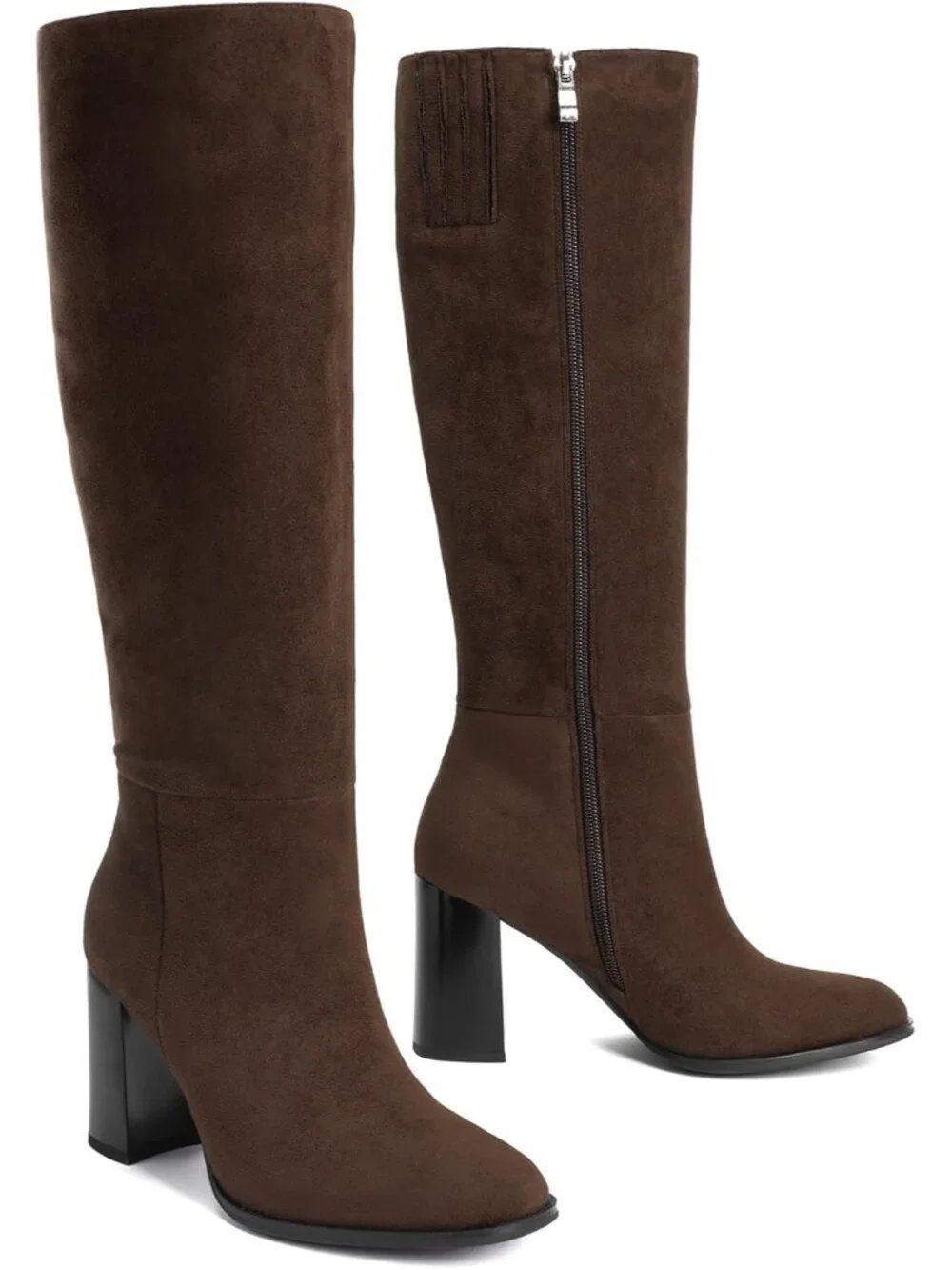 Women's Brown Round Toe Side Zip Chunky Heel Fashion Tall Knee High